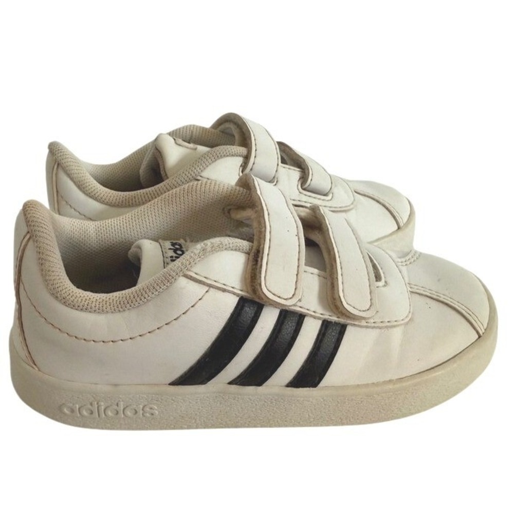Adidas Court Toddler Sneakers White Black Stripe Hook & Loop‎ Kids Shoes
